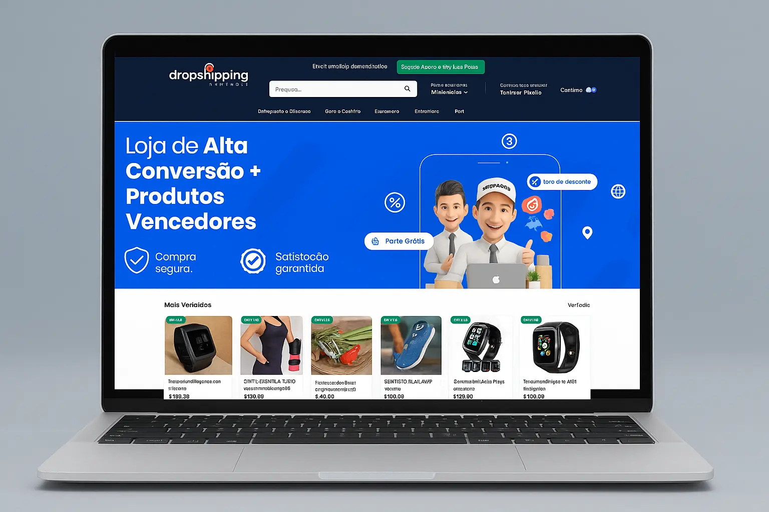 Demonstração de uma loja de dropshipping profissional num computador portátil